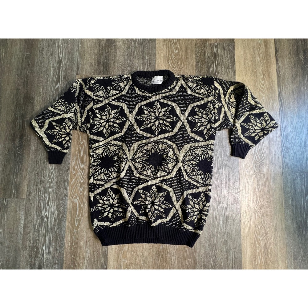 Ellen-D Kollection Sweater Unisex Large Black Cream Geometric Snowflake Vintage